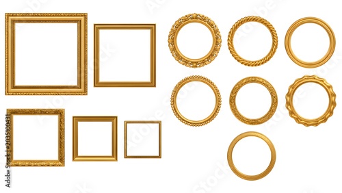Assorted gold decorative frames featuring modern and vintage styles isolated on a white background for luxury branding and artwork presentation.