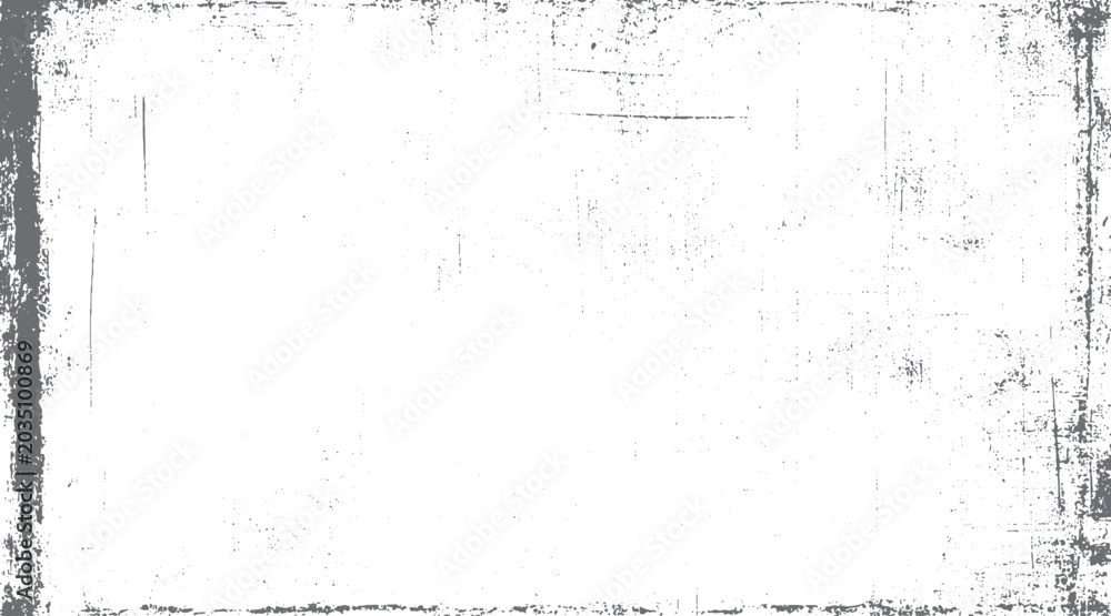 Fototapeta premium Distressed grunge texture with dark gray border and scattered speckles on white background