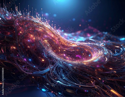 Glowing Abstract Fiber Strands Flowing in Futuristic Dark Space