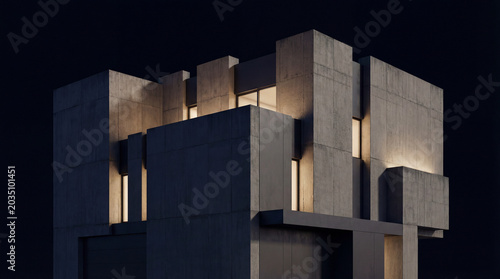 Brutalist Concrete Building with Warm Interior Lighting at Night