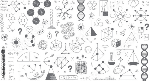 Fotografía Hand drawn collection of scientific diagrams molecules d n a structures geometri