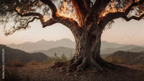 Burning Tree Silhouette Against Mountain Landscape at Sunset.