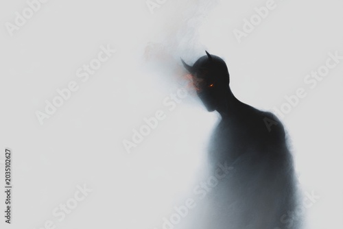 Minimal dark silhouette with a horned head and ember eyes for horror background and poster design