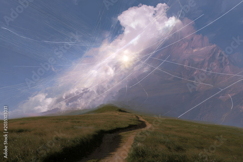 Mountain path with waypoints under dramatic cloudscape for guide background and outdoor adventure poster design