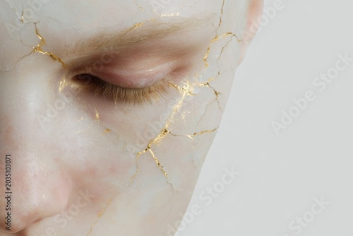 Minimal closeup cracked porcelain face with gold kintsugi veins for healing background and emotional poster about resilience and restoration