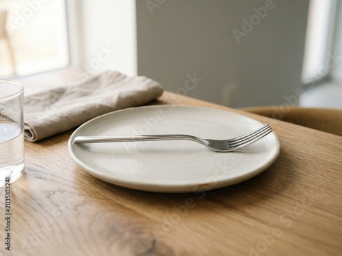 Fork placed neatly on table with soft lighting minimal style