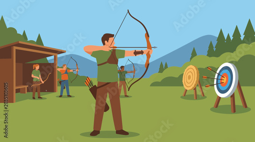 Photos Man practicing archery at outdoor range