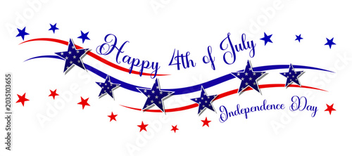Patriotic Happy 4th of July banner with stars, red and blue ribbons, and festive typography. Independence Day celebration design in classic American style vector illustration.