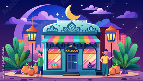 Tableau sur toile Colorful candy store, illustration of sweet shop, vibrant cartoon building, nigh