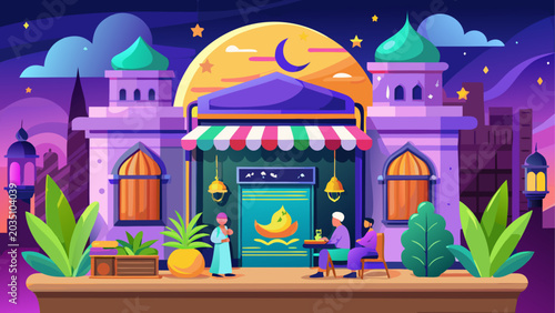 Quadro su tela Middle Eastern night market, colorful illustration, Ramadan celebration, vibrant