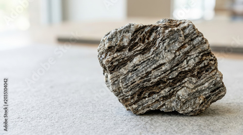 Biotite gneiss rock with distinct foliation texture on neutral surface for advertising social media banner website marketing and commercial editorial use