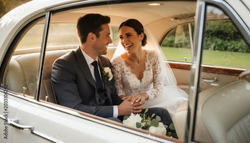 Happy newlywed couple laughing inside a vintage wedding car while holding hands, celebrating their marriage journey for a romantic love concept