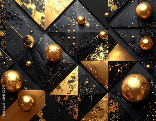 Luxurious Black and Gold Geometric Abstract Pattern with Metallic Spheres on Textured Background