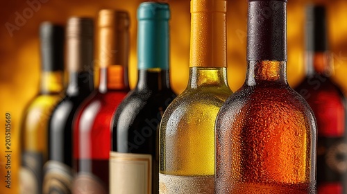 Assortment of Wine Bottles Displayed in a Row with Various Colors.