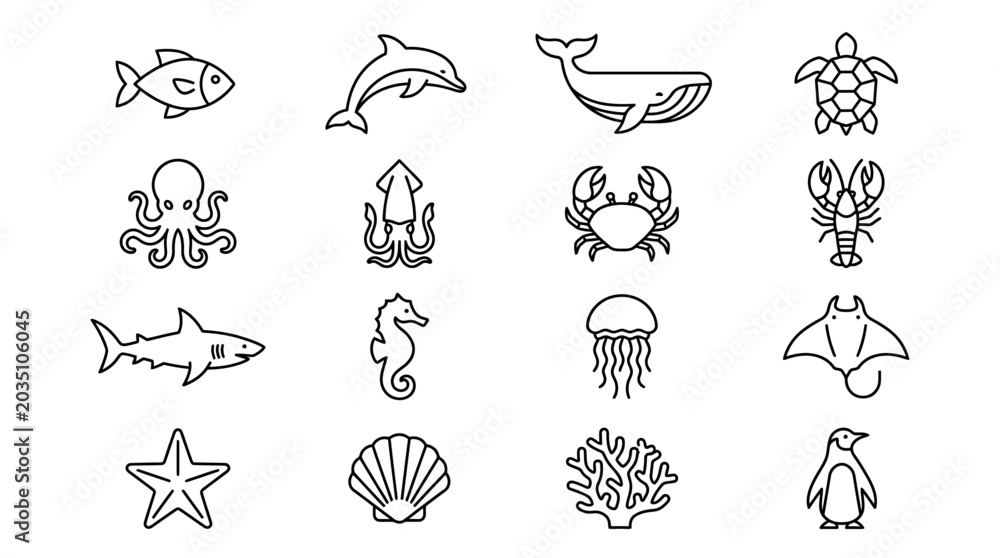 Fototapeta premium Marine life icons illustrate a diverse array of underwater creatures and oceanic species for educational biology projects.
