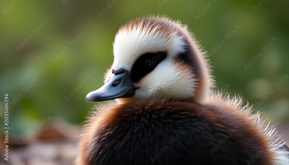 Fototapeta premium Duck–Panda Hybrid. A chubby duck–panda hybrid with round fluffy features, soft monochrome markings, gentle forest background, adorably whimsical and unique