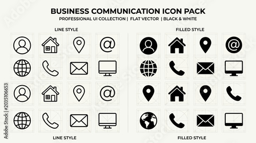 Business communication icons organized in a collection display both line art and filled shapes for professional web design.