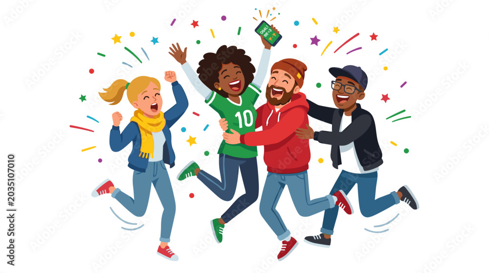 Fototapeta premium Diverse group of friends celebrating success with confetti and streamers