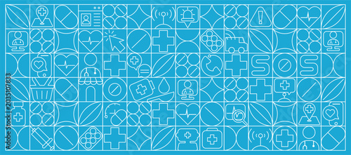 Medical linear geometric pattern banner, digital healthcare line art background, seamless telemedicine