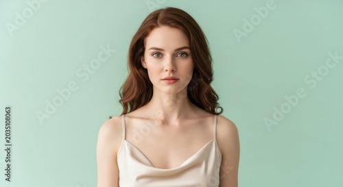 Portrait of a Beautiful Young Woman with Red Hair and Fair Skin in a Satin Camisole, Facing Forward