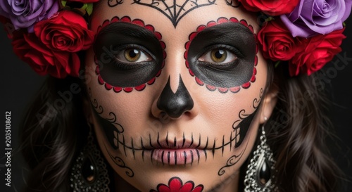 Intricate Day of the Dead Sugar Skull Face Paint Artistry on a Woman