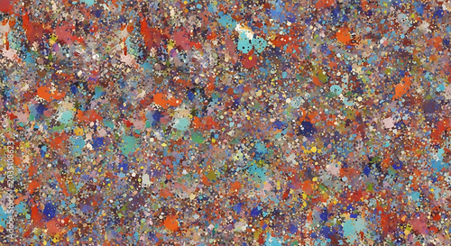 Abstract expressionist painting with vibrant colorful paint splatters and dots texture