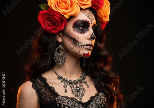 Striking portrait of a woman with intricate sugar skull makeup, adorned with a vibrant floral crown of red and orange roses and ornate jewelry, exuding festive elegance against a dark background