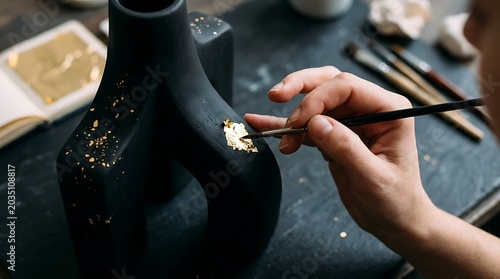 Artist applying gold leaf to a matte black ceramic vase