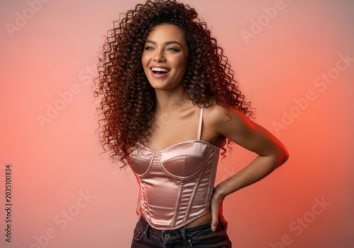 Professional portrait of a young woman with curly hair laughing against a soft pink background
