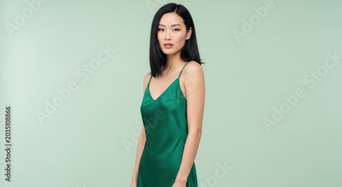 Elegant and serene young Asian woman captured in a contemporary studio portrait, confidently posing in a luxurious emerald green satin slip dress against a soft background