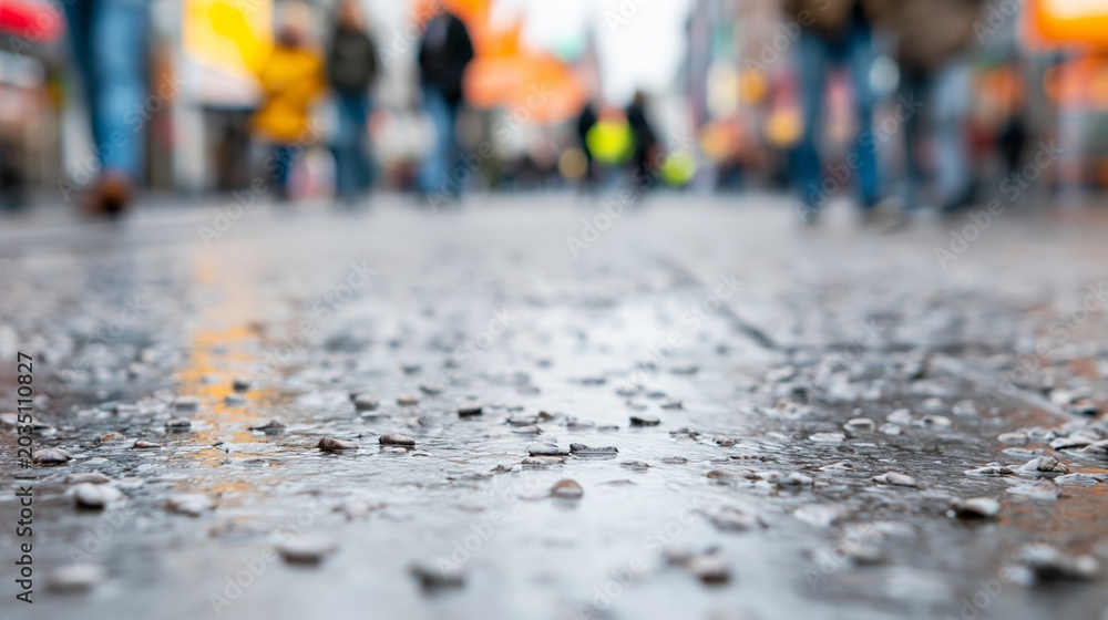 Fototapeta premium Wet city pavement with scattered rock salt, blurred pedestrians walking in urban street, winter season