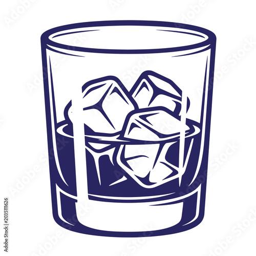 Old fashioned glass with ice cubes and liquid simple vector illustration line art beverage cocktail refreshing drinkware minimalist illustration isolated