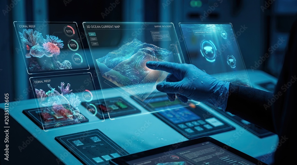 Fototapeta premium Close-up of marine biologist's hand interacting with holographic ocean maps and coral reef analytics, Gen by AI