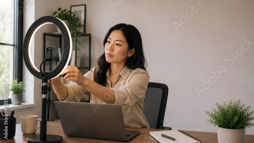 Woman recording video with smartphone on ring light in home office setup