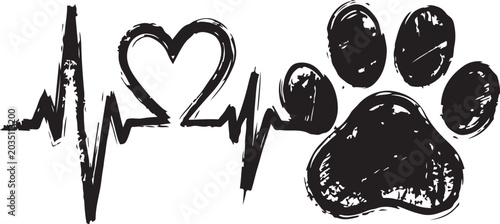 Black dog heart rate paw print vector icon, pet medical symbol, animal heartbeat logo, veterinary care sign