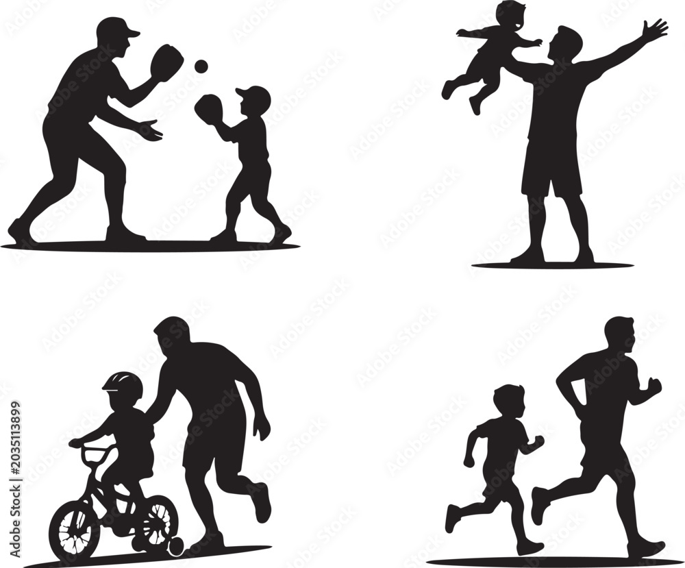 Obraz premium Black silhouette icons of fathers and children playing sports, running, and cycling, 4 vector graphics