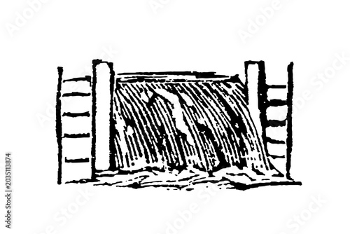 Fotografie Spillway, water falling between two vertical ladder-like retaining walls, detail