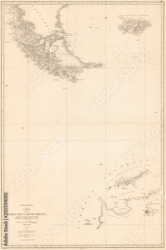 Konstfotografi Antique map of Cape Horn and Patagonia coastline. Argentina Chile
