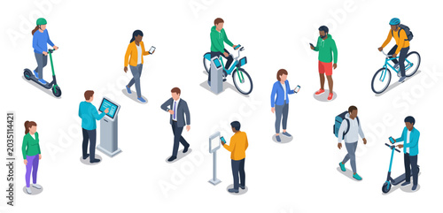 Bild auf Leinwand Smart mobility users set | Diverse citizens riding scooters and bicycles in city