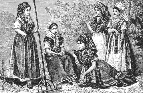 Bild auf Leinwand Thuringian women in traditional attire, rural setting with one holding a rake, cultural historical scene, old vintage illustration, 1898