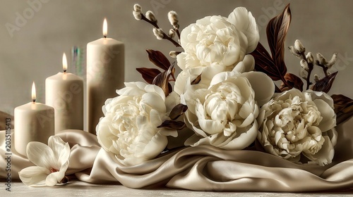 Elegant white peonies rest on soft satin fabric. Candles glow softly beside the blooms. Warm lighting enhances the romantic mood. Ideal for wedding or luxury interior scenes