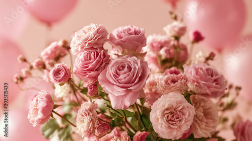 Soft pink roses bloom in gentle clusters. Delicate petals frame a dreamy, romantic atmosphere. Warm, hazy lighting enhances the tender mood. Balloons float softly behind, adding whimsical charm
