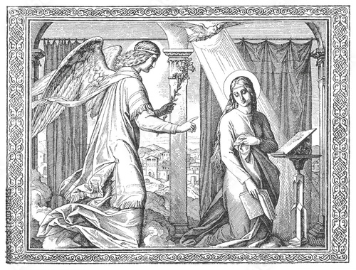 Foto Annunciation angel Gabriel kneeling before Mary, dove hovering above with rays of light, old vintage illustration, 1899