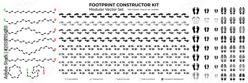 Obraz na plátně Vector collection of diverse footprint and shoe print icons including bare feet, sneakers, and boots