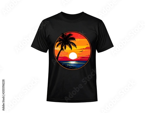 Black Graphic T Shirt Featuring Tropical Sunset Illustration on Light Gray Background