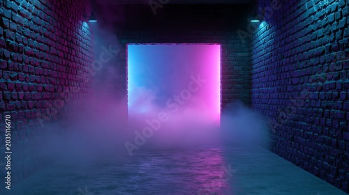 Neon Retro Brick Walls Club Mist Dark Foggy Empty Hallway Corridor Room Garage Studio Dance Glowing Blue Purple Spot Lights Concrete Floor 3D Rendering Illustration