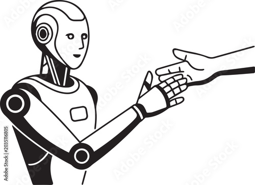 Minimalist black and white vector graphic illustration showing a futuristic humanoid robot reaching out to shake a human hand gently