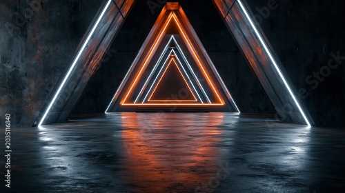 Sci Fi Modern Triangle Neon Lasers Futuristic Angular Cement Dark Alien Spaceship Room Tunnel Corridor Orange White Concrete Rough Grunge Studio Garage Hangar White Lights 3D Rendering Illustration