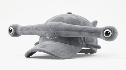 Plush hammerhead shark baseball cap isolated on white background