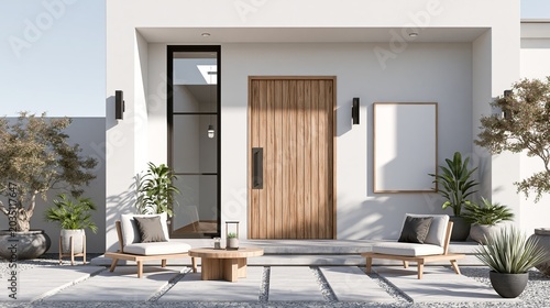New house with wooden door and empty white wall. 3d rendering of blank sign on patio in modern home.